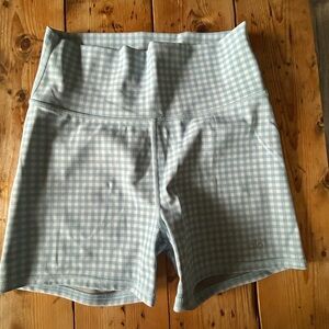 ALO Yoga Women's Light Blue Gingham Bike Shorts